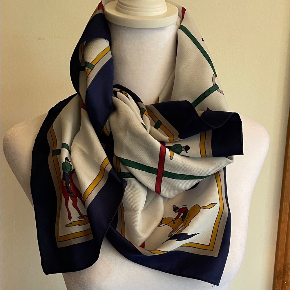 Vintage Multicolor Equestrian Horse Racing Square Italian Scarf - Picture 8 of 16